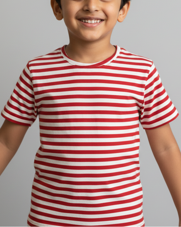 Child wearing a red and white striped shirt against a gray background