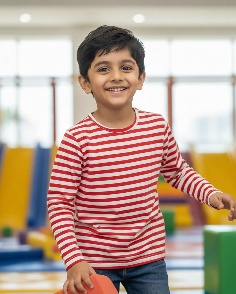 Child wearing a red and white striped shirt in an indoor playground.