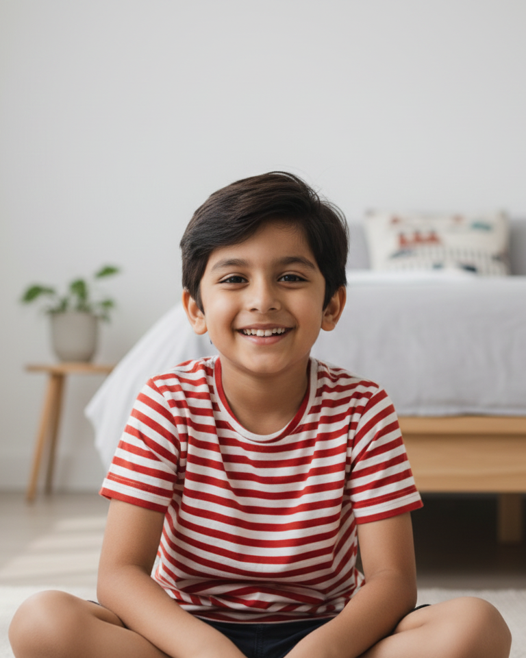 Child wearing a red and white striped shirt sitting on the floor in a room with a bed and plant.