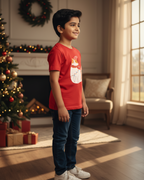 Child wearing a red shirt with a Christmas design in a festive room with a tree and wreath.