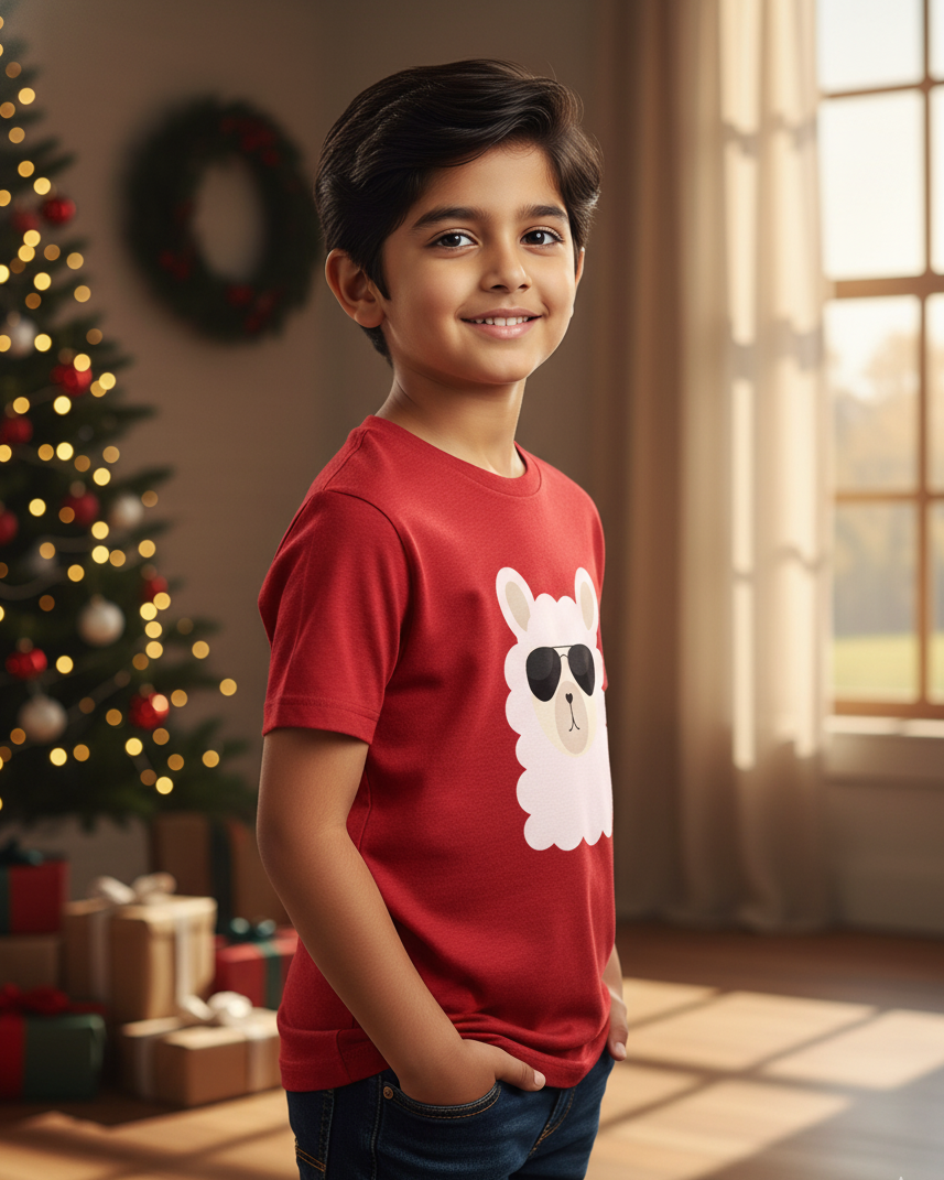 Child wearing a red shirt with a cartoon dog design in a room with a Christmas tree and presents.