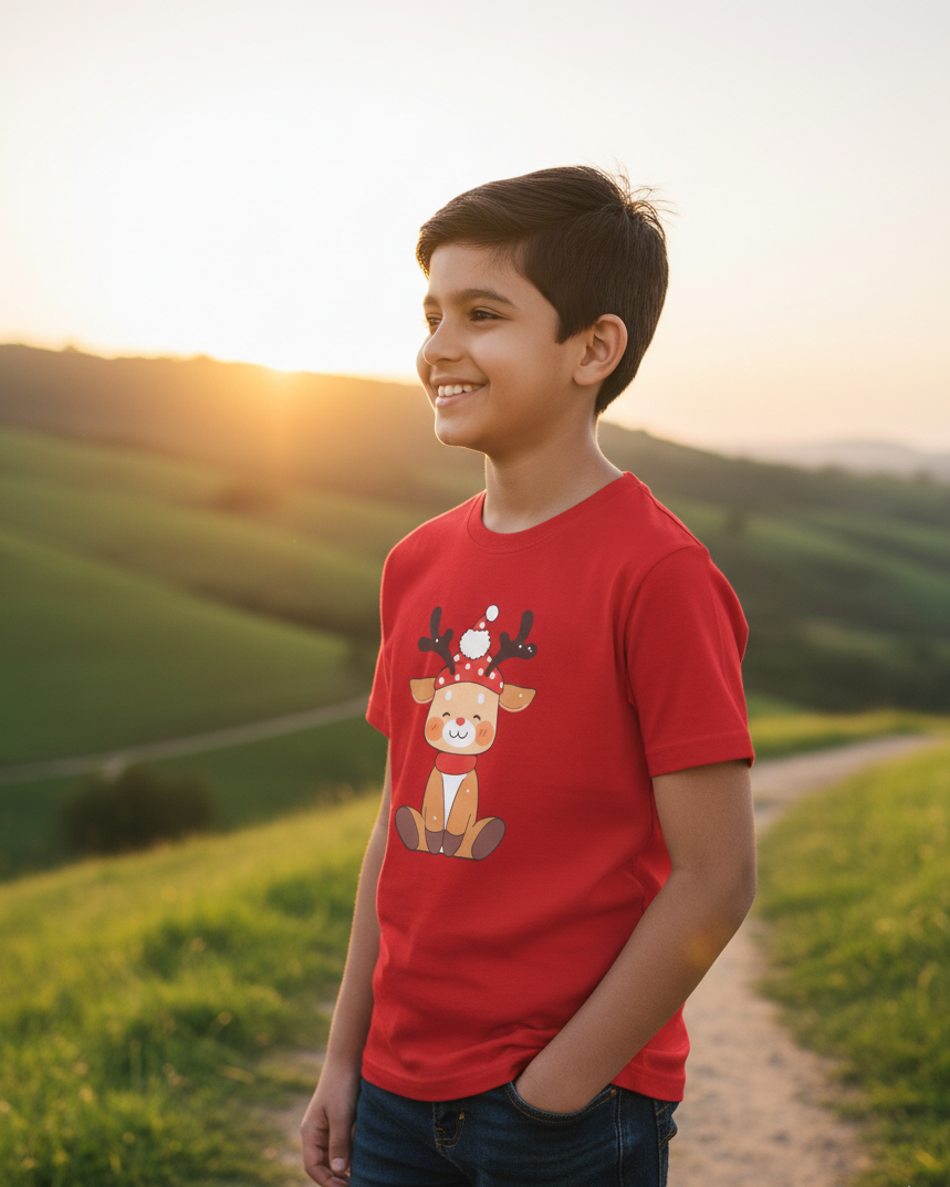 Child wearing a red shirt with a reindeer graphic on a grassy field at sunset