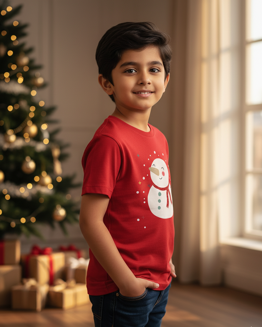 Child wearing a red shirt with a snowman design in a festive room with Christmas tree and presents.