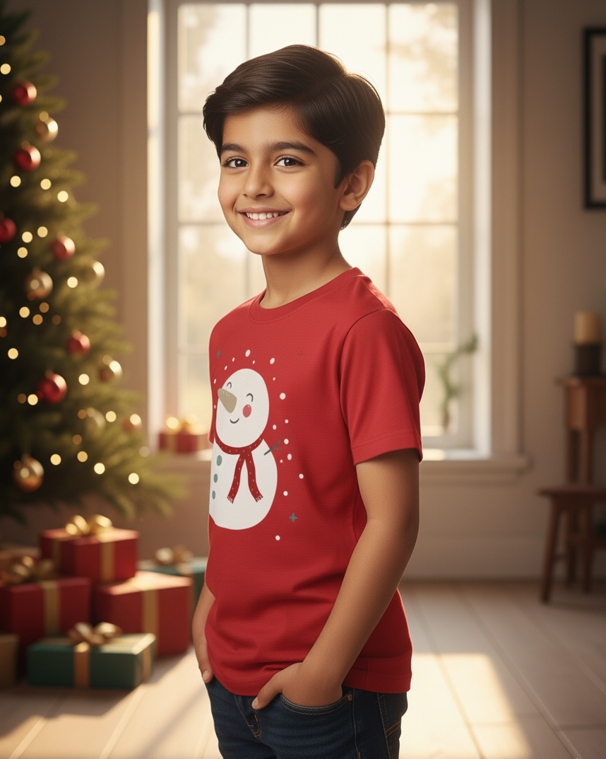 Child wearing a red shirt with a snowman design in a festive room with Christmas tree and presents.
