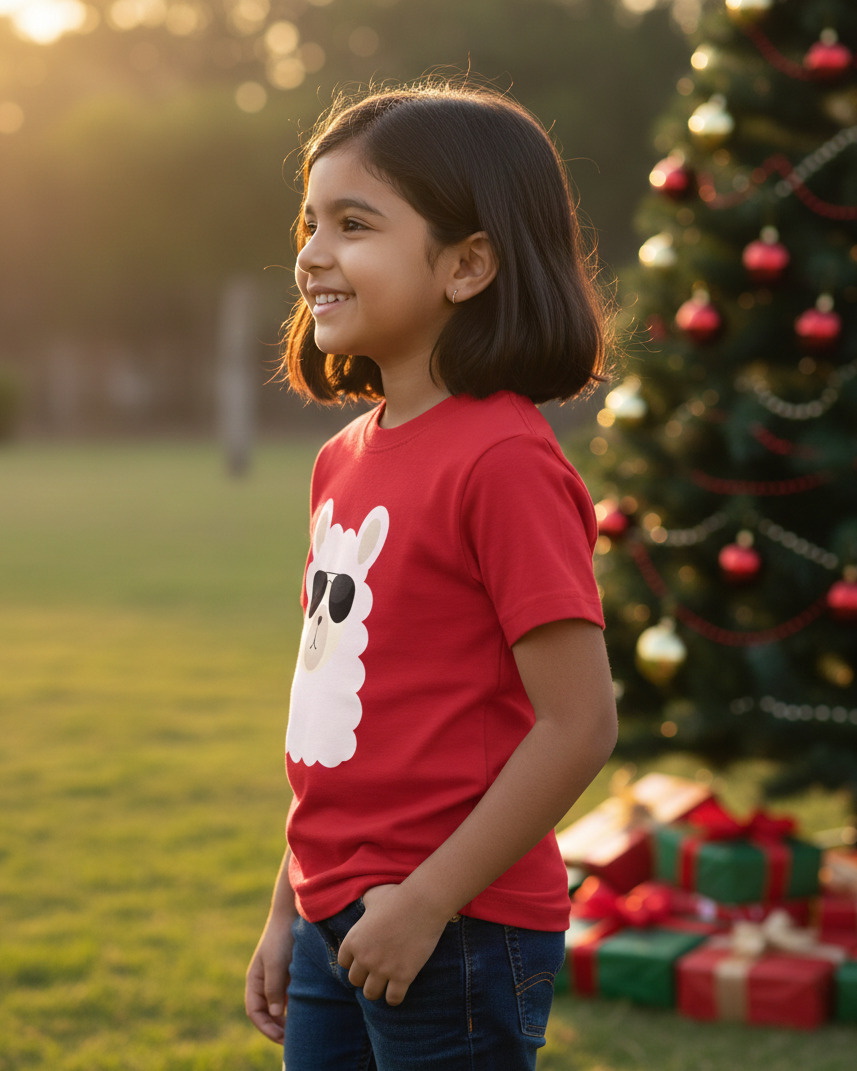 Child wearing a red shirt with a white bunny design, standing in front of a Christmas tree and presents outdoors.