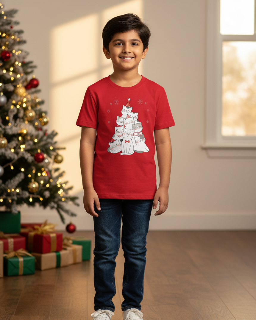Child wearing a red t-shirt with a Christmas design in front of a decorated Christmas tree.