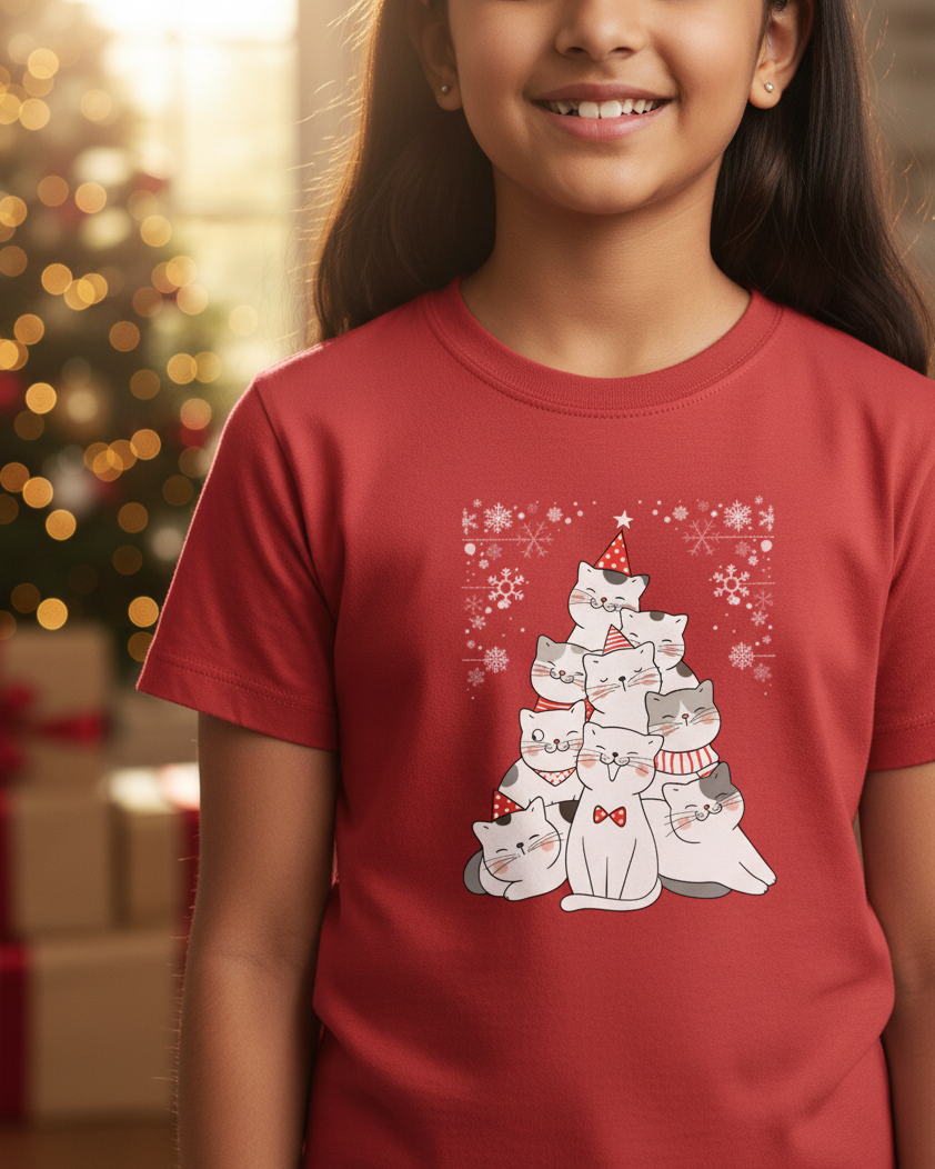 Child wearing a red t-shirt with a Christmas tree design of cats, standing in front of a decorated Christmas tree and presents.