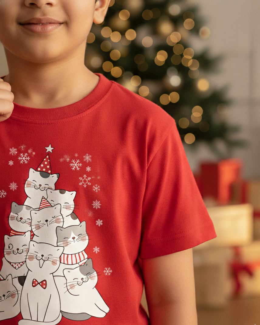 Child wearing a red t-shirt with a Christmas tree of cats design, standing in front of a decorated Christmas tree.