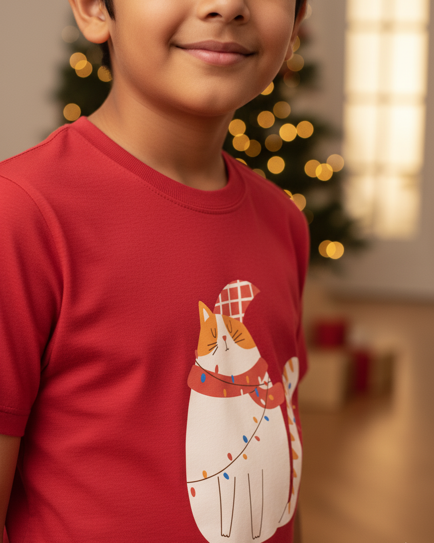 Child wearing a red t-shirt with a cat design in a festive setting