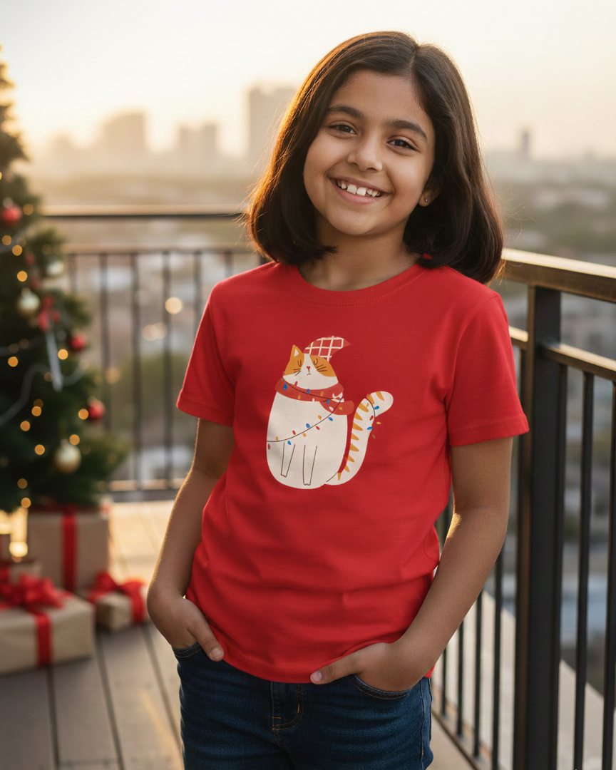 Child wearing a red t-shirt with a cat design on a balcony with Christmas decorations.