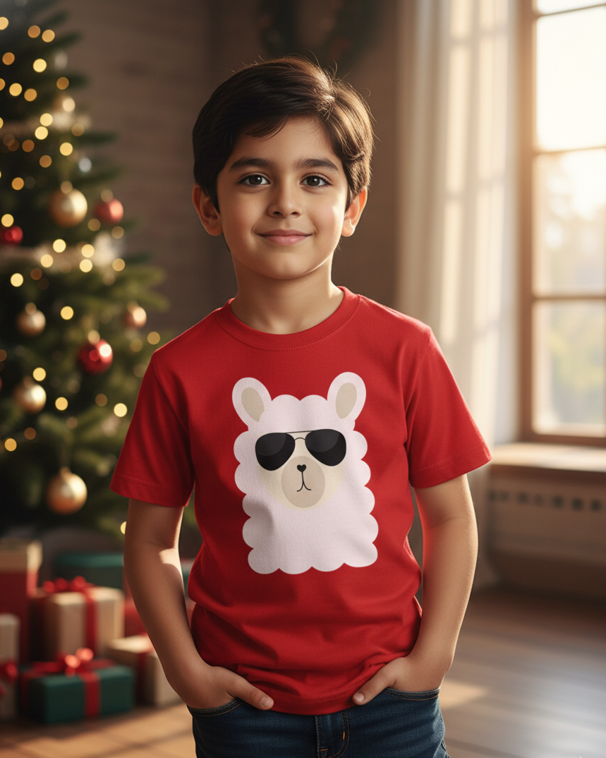 Child wearing a red t-shirt with a llama graphic in a festive room with a Christmas tree and presents.