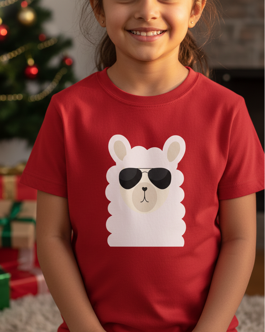 Child wearing a red t-shirt with a llama graphic in front of a decorated Christmas tree.