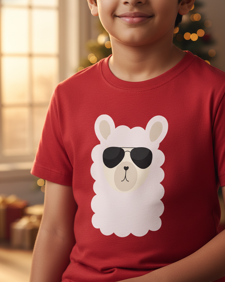 Child wearing a red t-shirt with a llama graphic wearing sunglasses in a festive indoor setting.