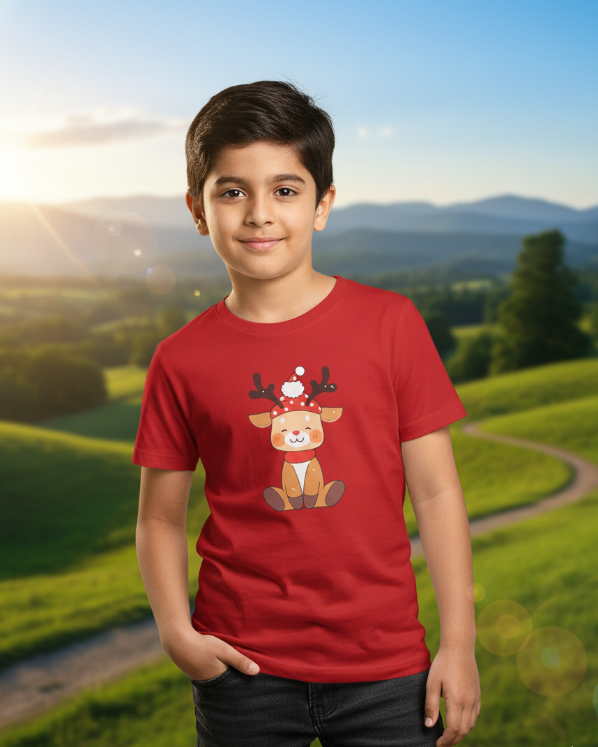 Child wearing a red t-shirt with a reindeer design in a scenic outdoor setting