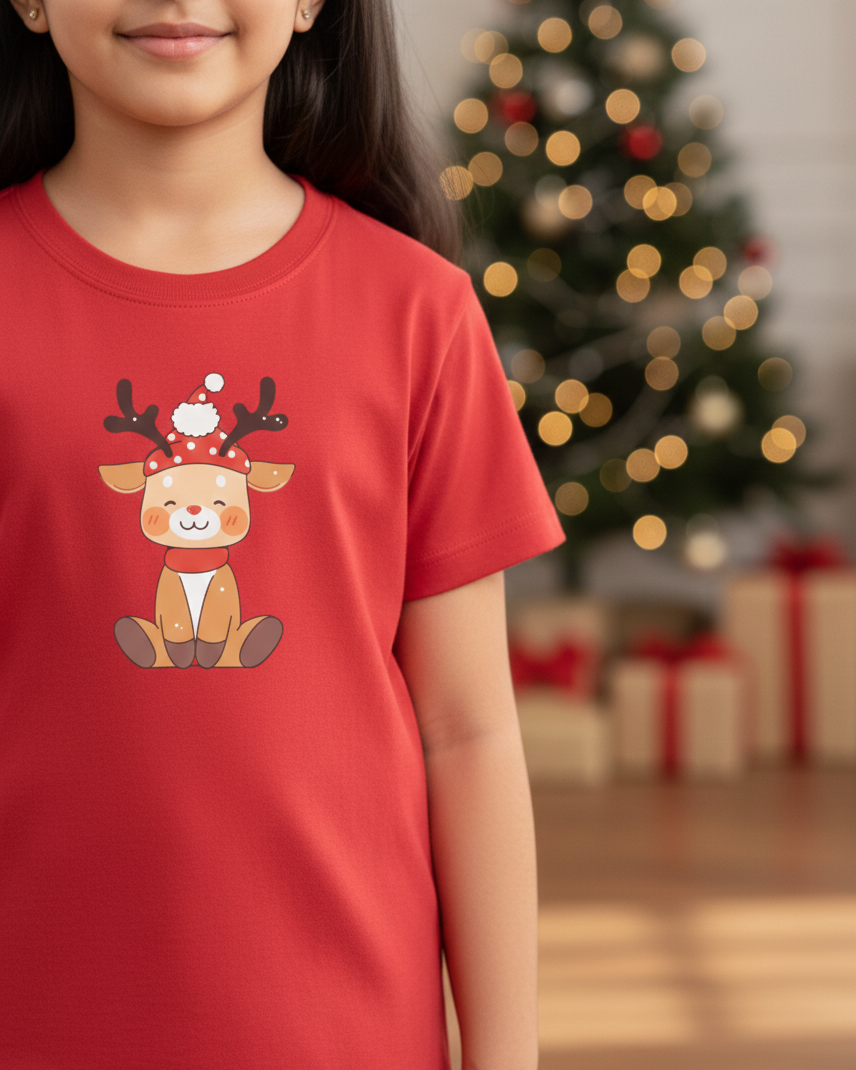 Child wearing a red t-shirt with a reindeer design in front of a Christmas tree and presents.