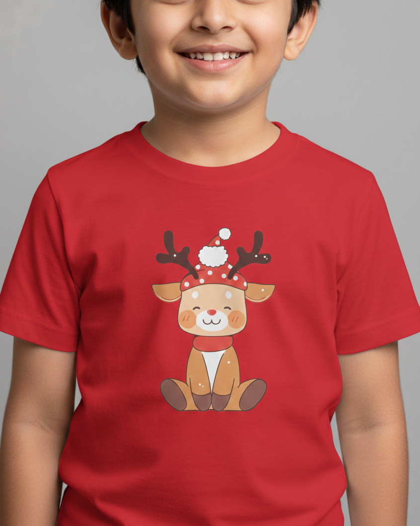 Child wearing a red t-shirt with a reindeer graphic on a gray background