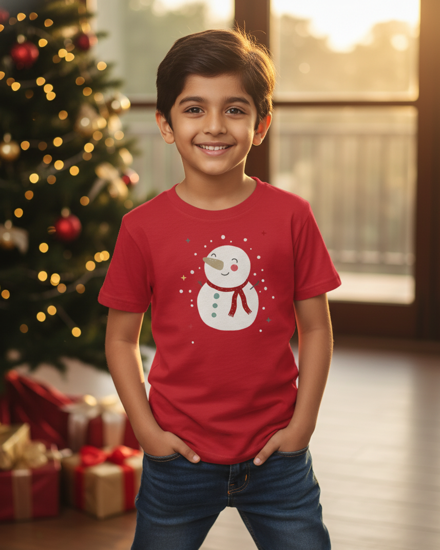 Child wearing a red t-shirt with a snowman design in a festive setting with Christmas tree and presents.