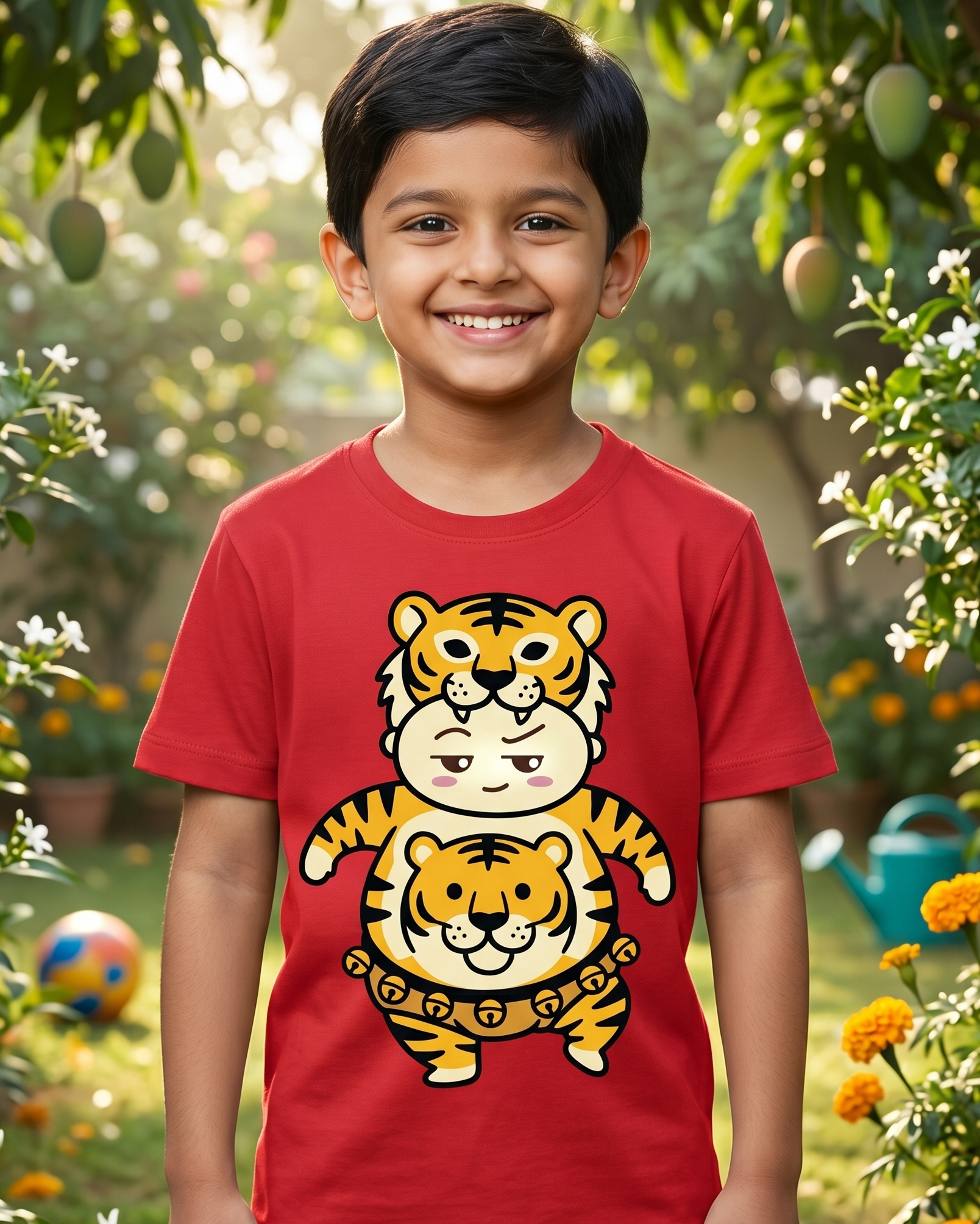 Child wearing a red t-shirt with a tiger design in a garden setting