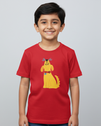Child wearing a red t-shirt with a yellow cartoon dog design on a gray background
