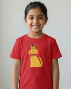Child wearing a red t-shirt with a yellow dog graphic on a plain background