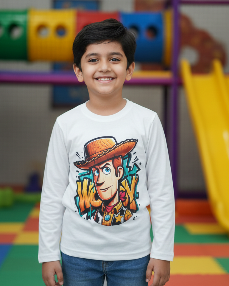 Child wearing a shirt with a cartoon character in a playground setting