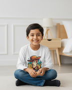 Child wearing a shirt with a colorful graphic sitting on the floor in a room.