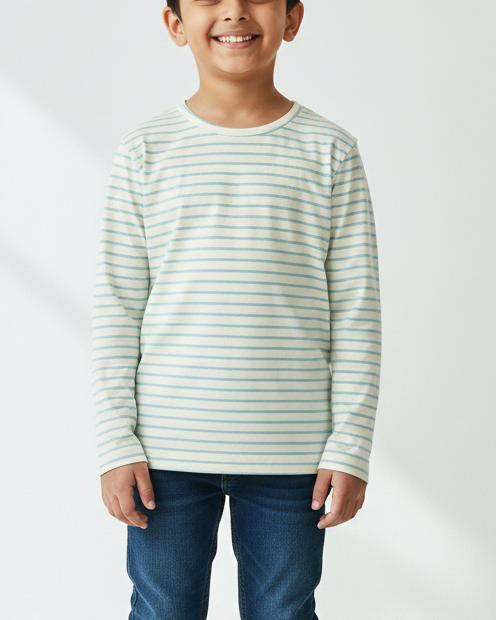 Child wearing a striped shirt and jeans on a white background