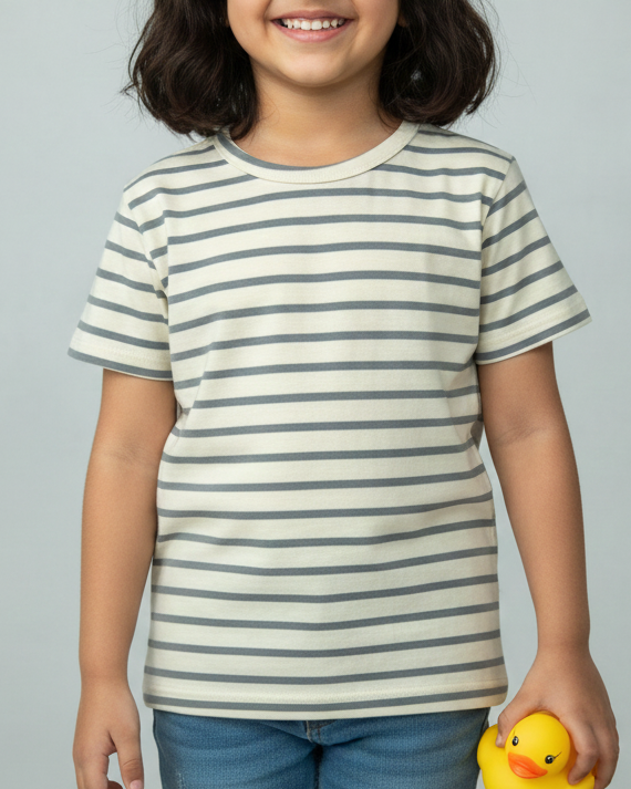 Child wearing a striped shirt holding a yellow rubber duck against a gray background