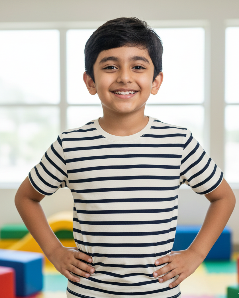 Child wearing a striped shirt in a classroom setting with colorful blocks