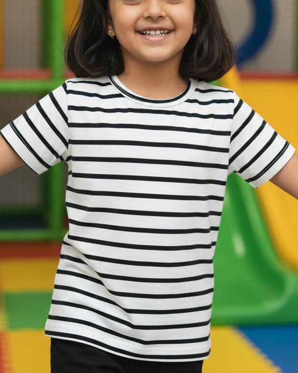 Child wearing a striped shirt in a colorful indoor play area