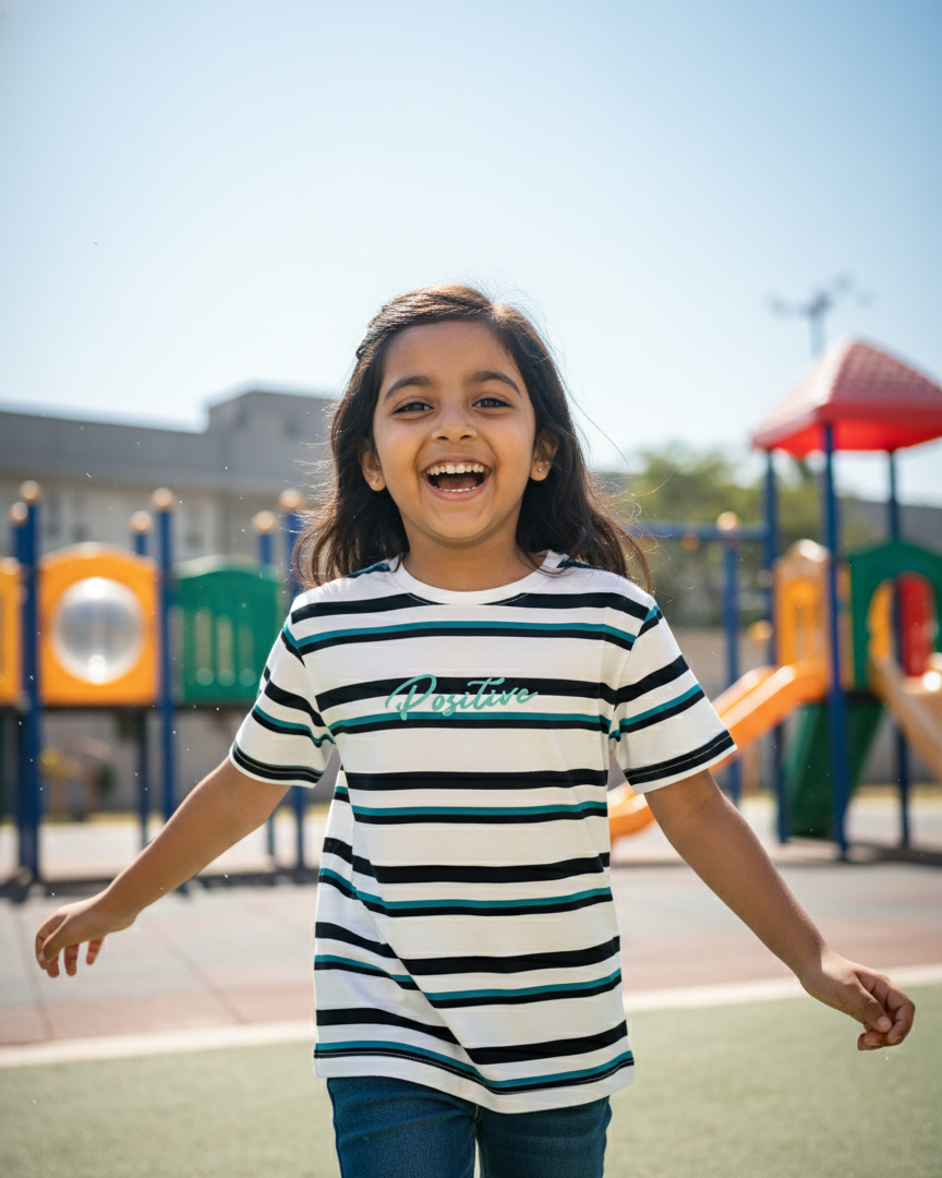 Child wearing a striped shirt on a playground