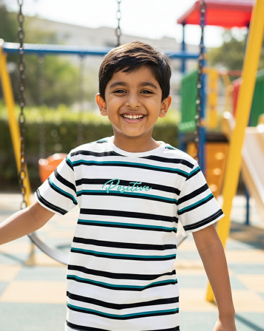 Child wearing a striped shirt with a brand logo on a playground