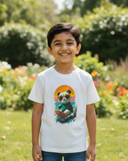 Child wearing a t-shirt with a bear graphic in a garden