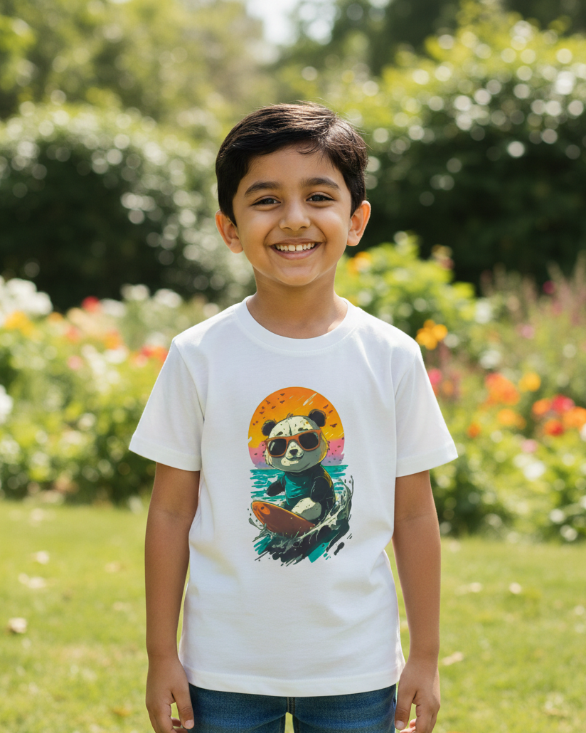 Child wearing a t-shirt with a bear graphic in a garden