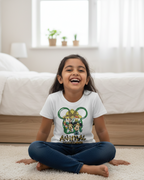 Child wearing a t-shirt with a cartoon design sitting on the floor in a living room.