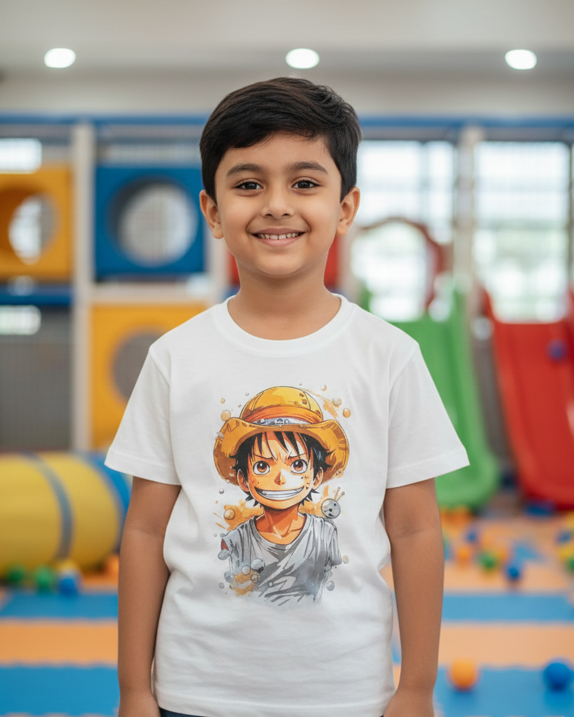 Child wearing a t-shirt with a character design in an indoor playground setting