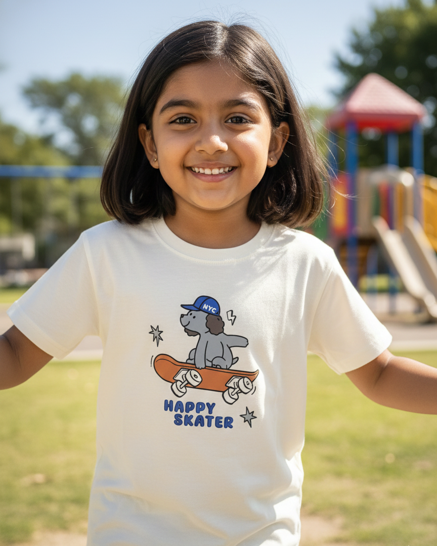 Child wearing a t-shirt with a dog graphic and 'Happy Skater' text at a playground.