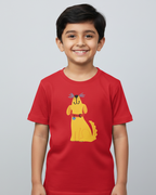Child wearing a red t-shirt with a yellow cartoon dog design on a gray background