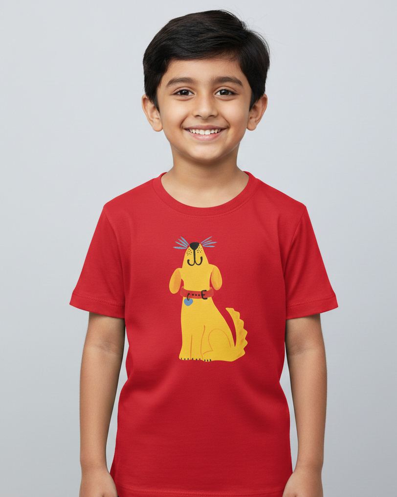 Child wearing a red t-shirt with a yellow cartoon dog design on a gray background