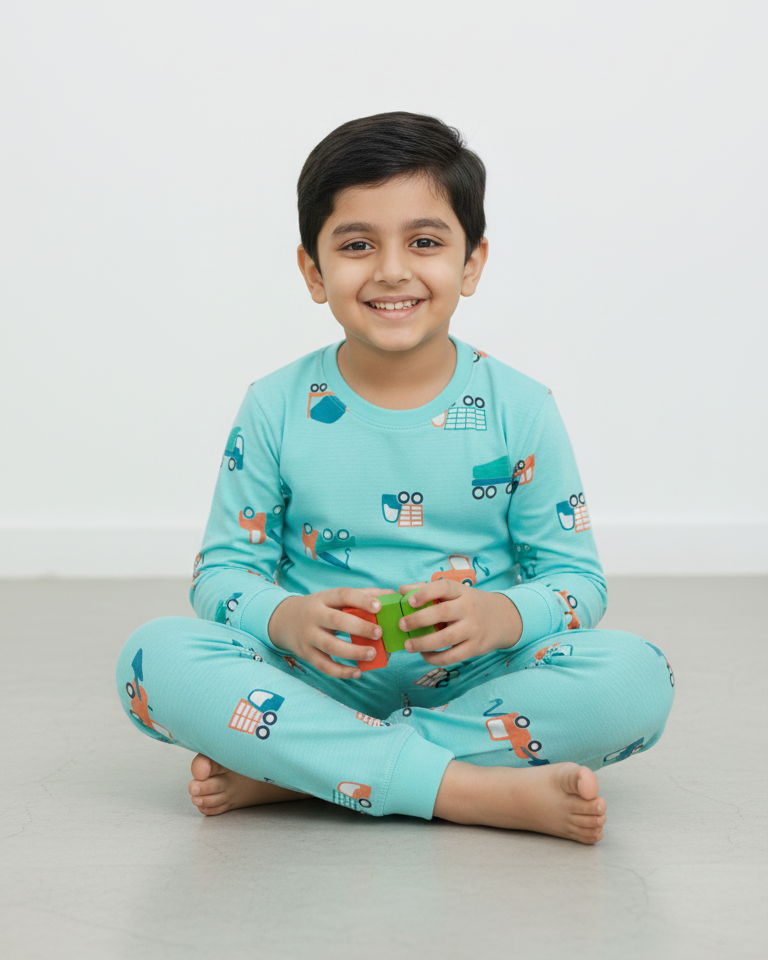 Child wearing a turquoise pajama set with cartoon characters on a white background