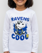 Child wearing a white long-sleeve shirt with 'Ravens Cool' design on a plain background
