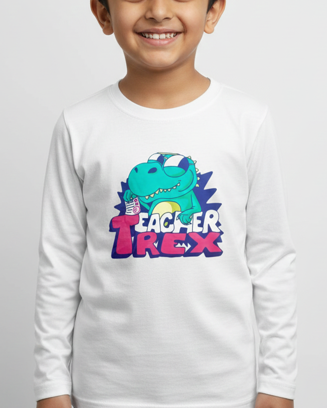 Child wearing a white long-sleeve shirt with a colorful dinosaur graphic and text on a plain background