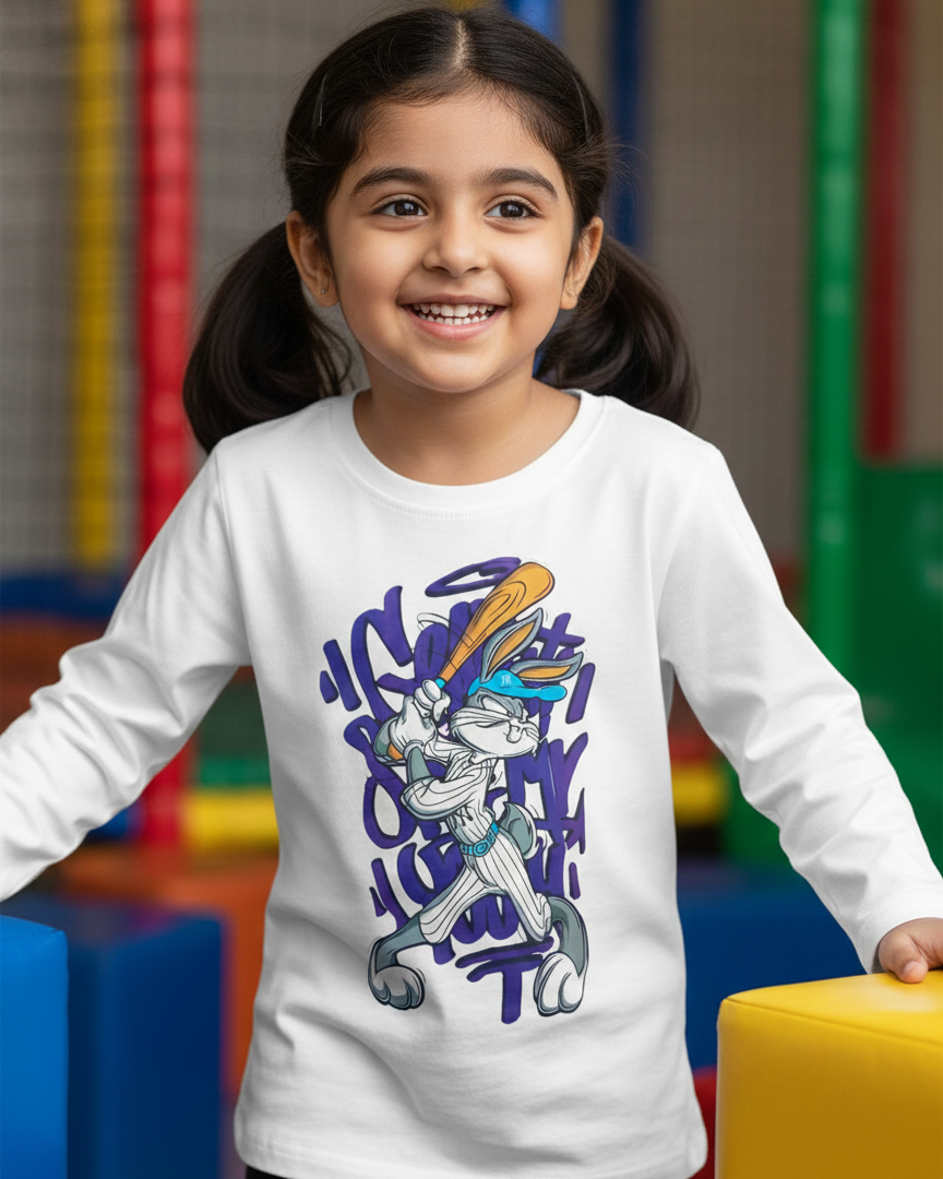 Child wearing a white long-sleeve shirt with a colorful graphic design in a playroom.