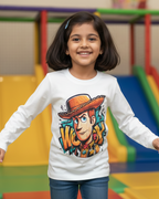 Child wearing a white long-sleeve shirt with a colorful graphic design in an indoor playground.