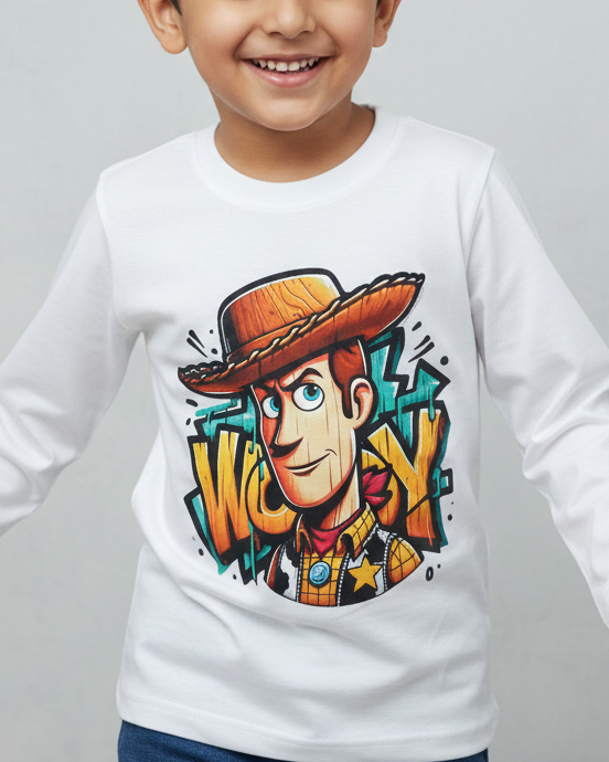 Child wearing a white long-sleeve shirt with a colorful graphic design on a gray background