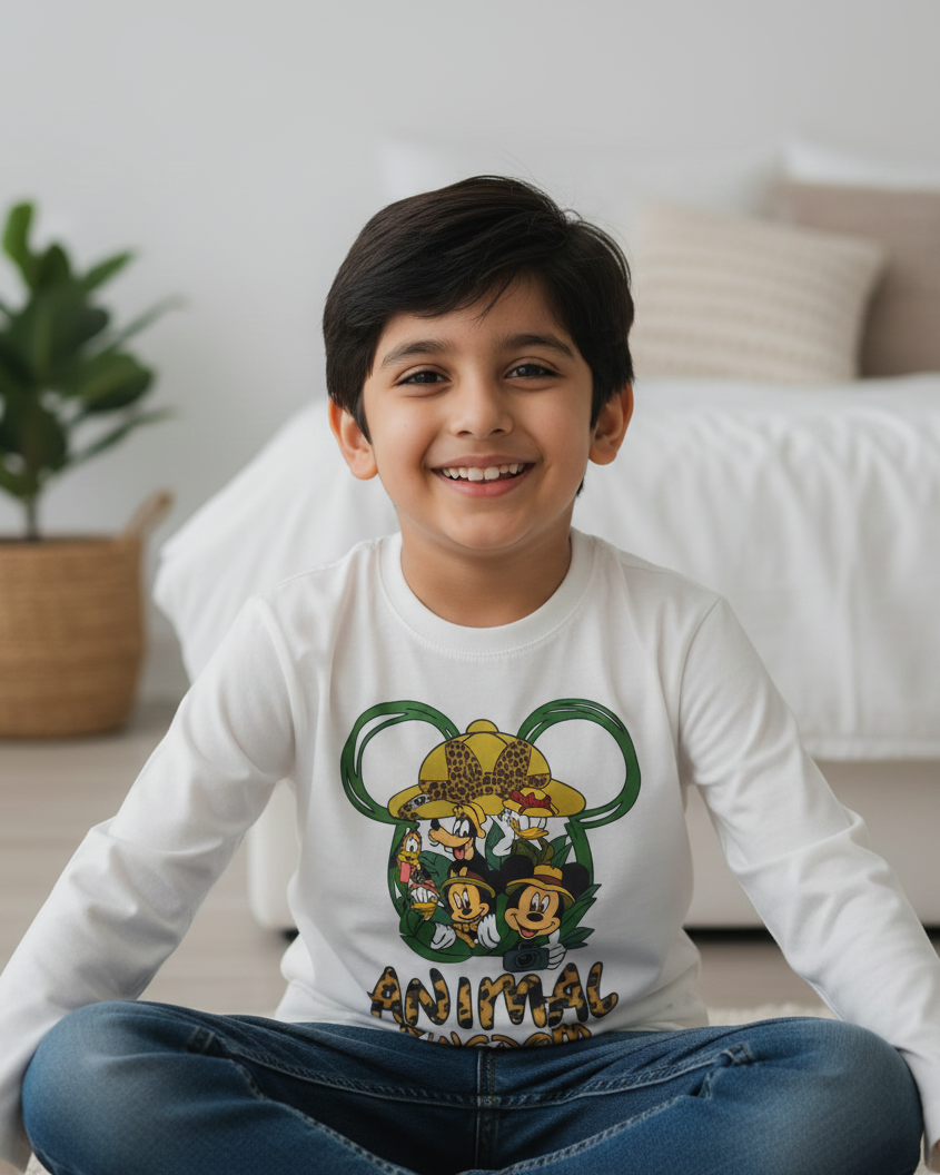 Child wearing a white long-sleeve shirt with a colorful graphic design, sitting on a couch in a living room.
