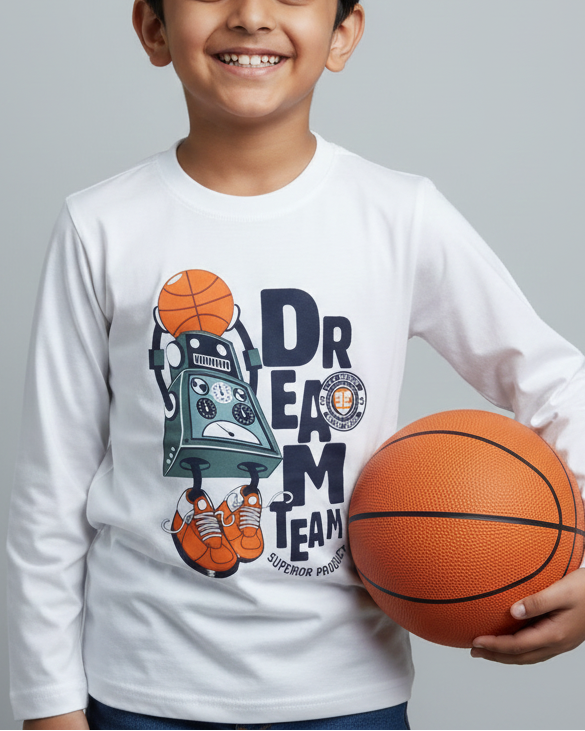Child wearing a white long-sleeve shirt with a graphic design, holding a basketball against a gray background