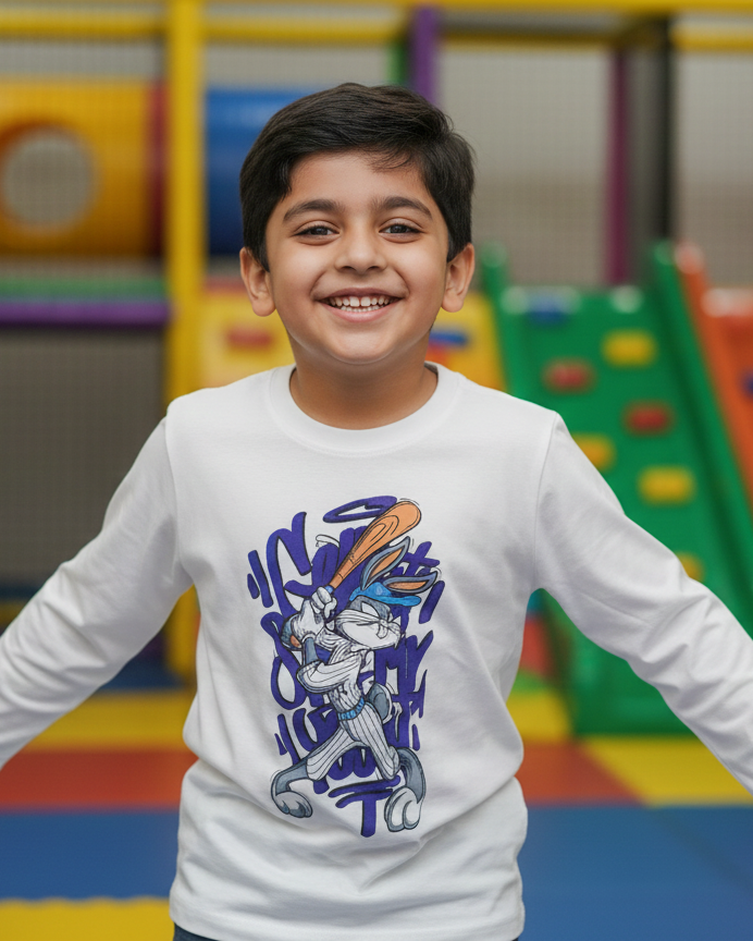 Child wearing a white long-sleeve shirt with a graphic design in a colorful indoor playground.