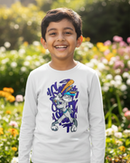 Child wearing a white long-sleeve shirt with a graphic design in a garden background.