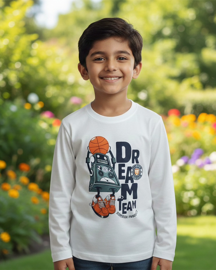 Child wearing a white long-sleeve shirt with a graphic design in a garden setting